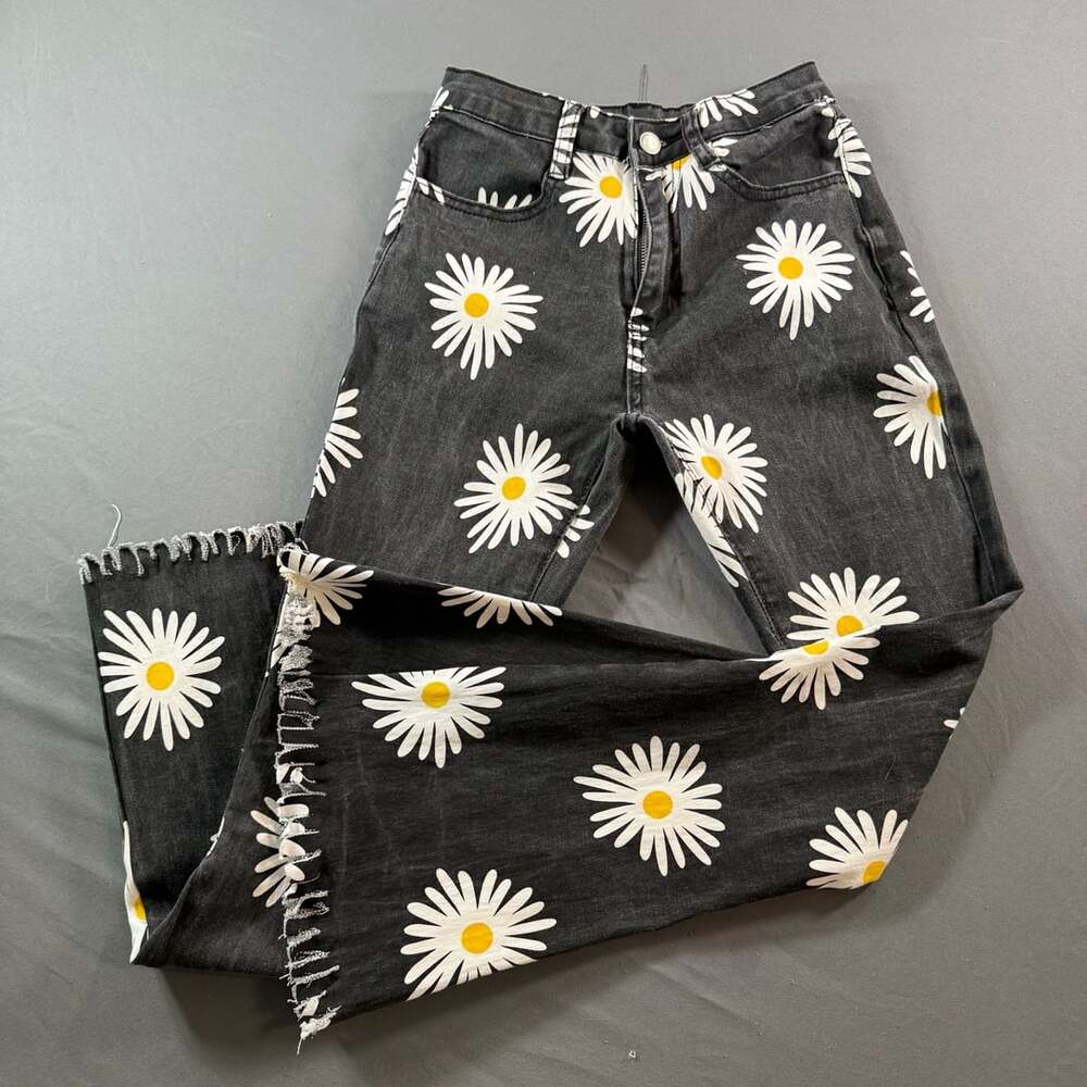 Altar’d State XS Black Daisy Floral Flare Jeans Distressed Raw Hem Boho Y2K